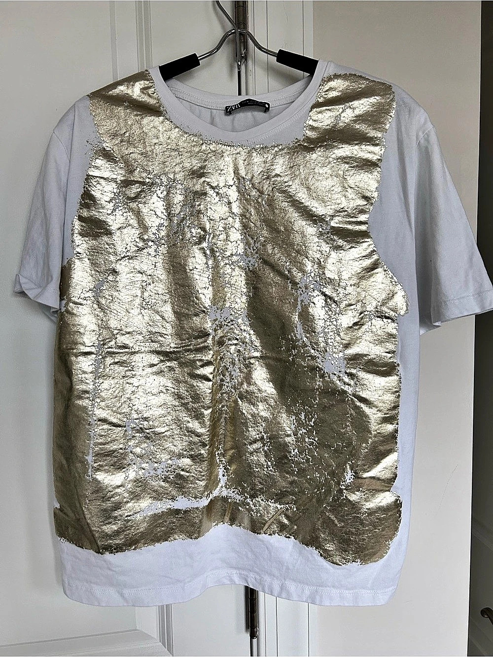 Zara Metallic Short Sleeve T-Shirt White & Gold Size Medium
